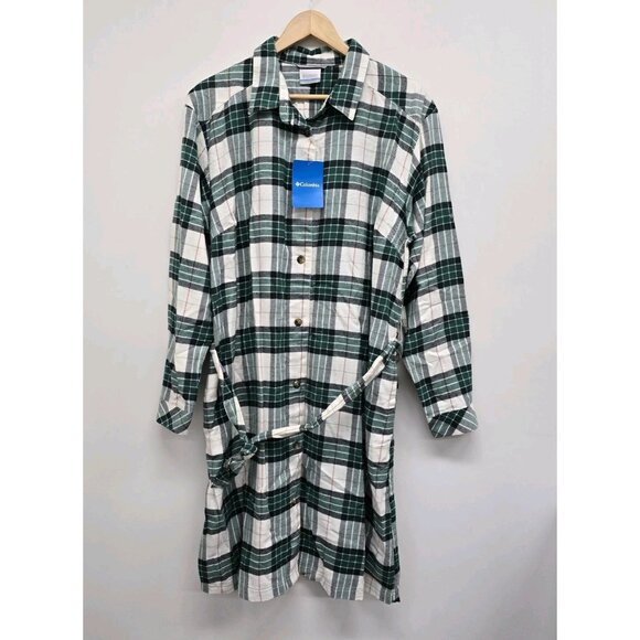 NWT Columbia Holly Hideaway Flannel Shirt Dress Size XL Button Front Green Plaid - Picture 1 of 8